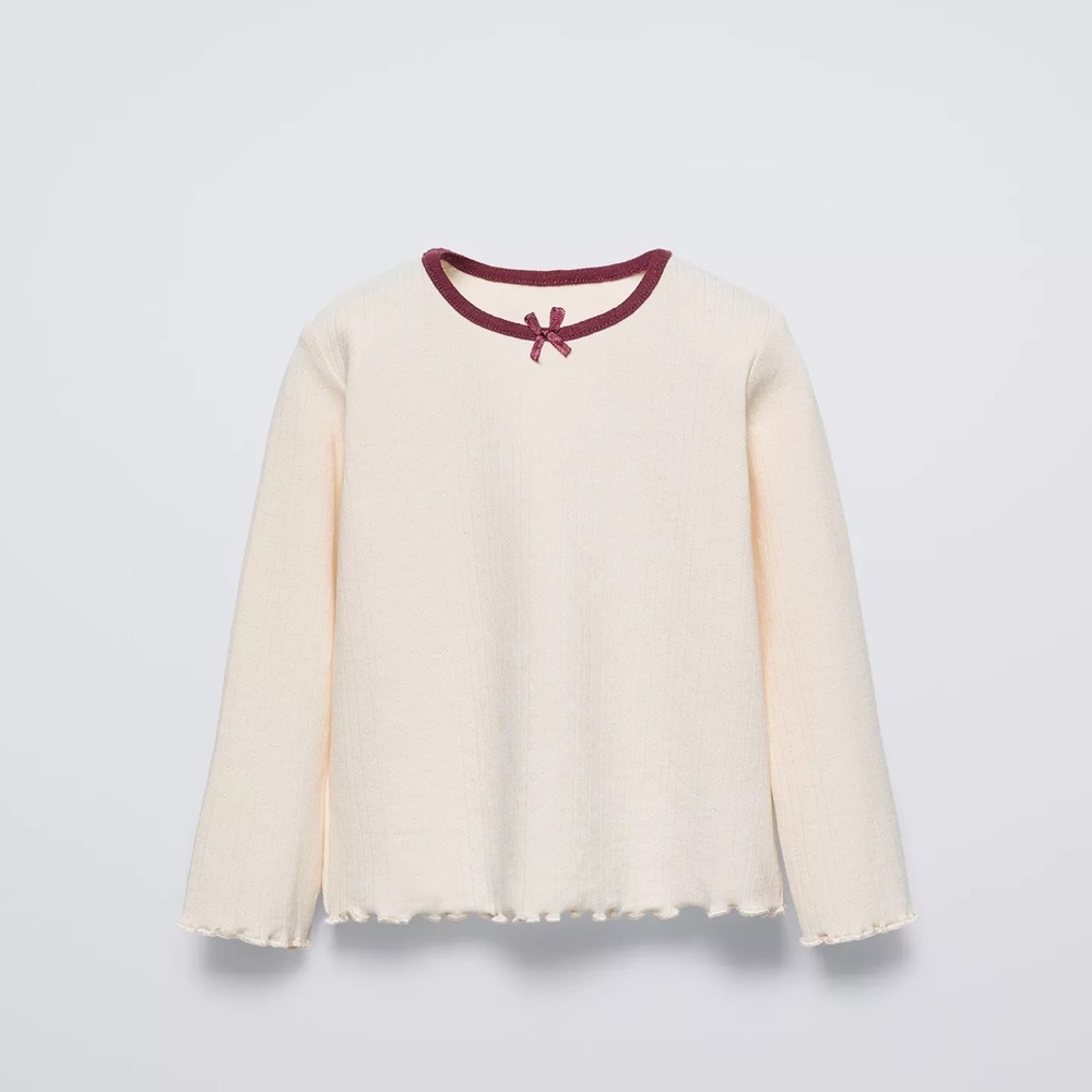 Zara girls piped pointelle shirt Cream Long Sleeve Top with Maroon Trim bow 4